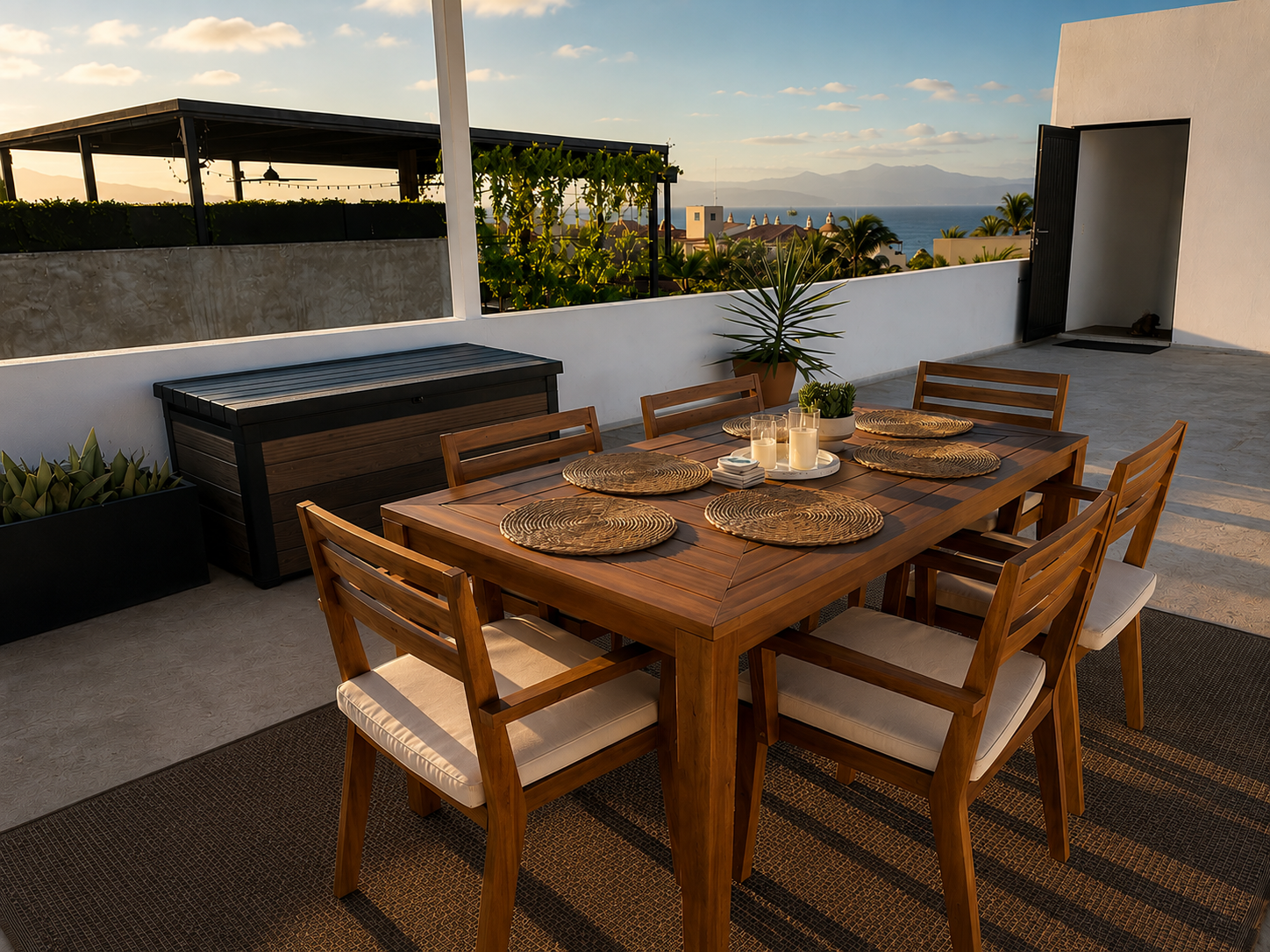 Golden hour around the rooftop table at Ola Mita